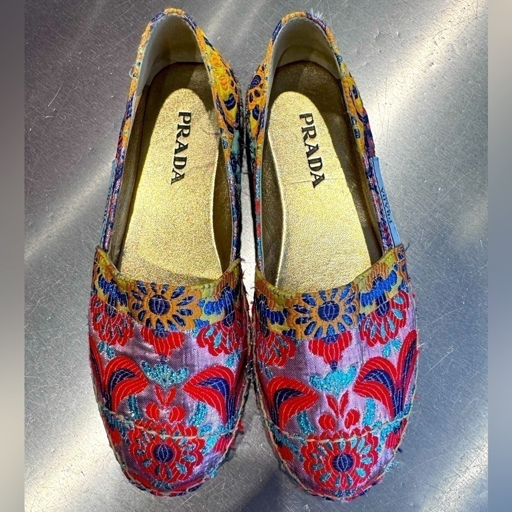 Prada Multicolor metallic Jacquard 20mm jute Espadrille size EU 35